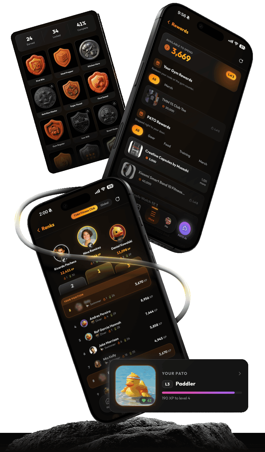 The PATO member app's gamification screens: badges earned and locked, a rewards catalogue split between the gym's own items and PATO's, and a leaderboard