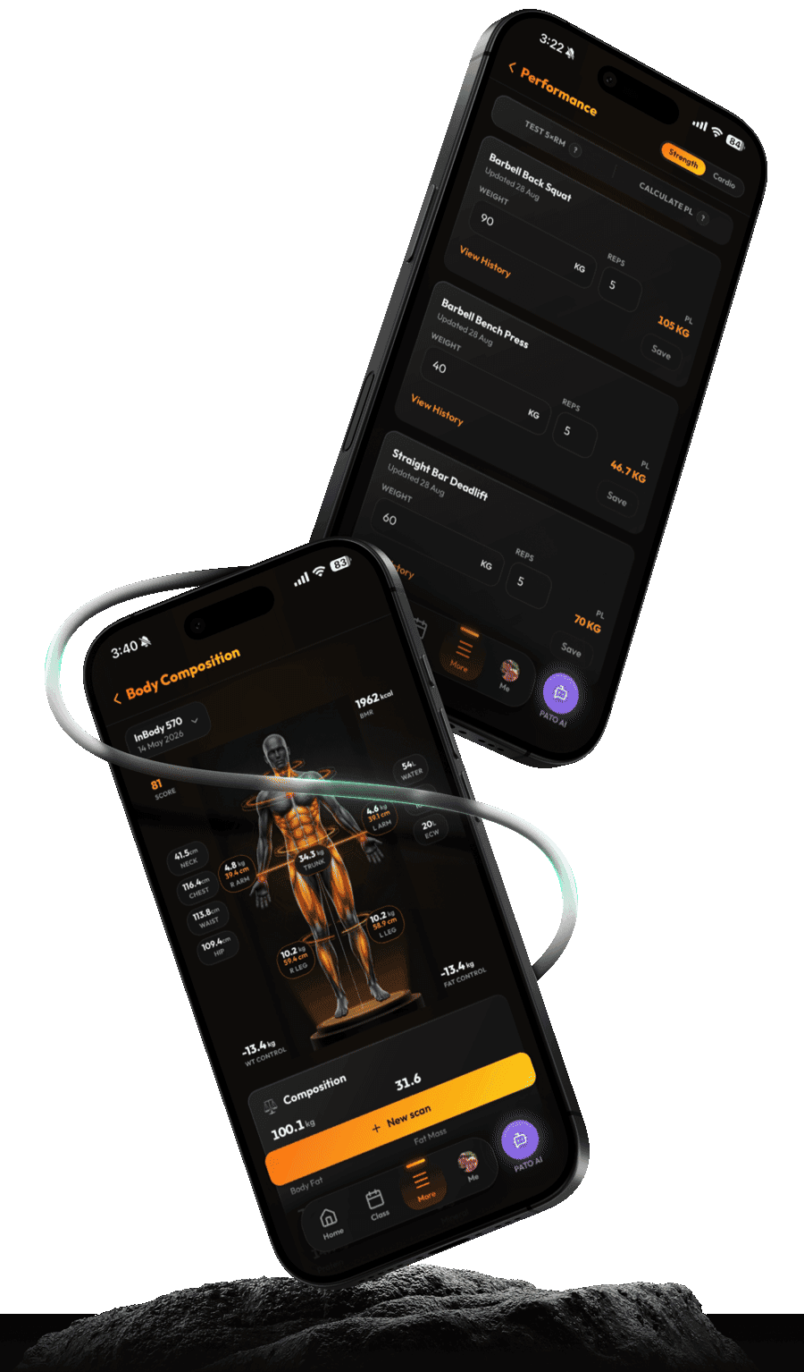 The PATO member app's performance and body composition screens: strength benchmarks tracked over time, and a full body scan breakdown