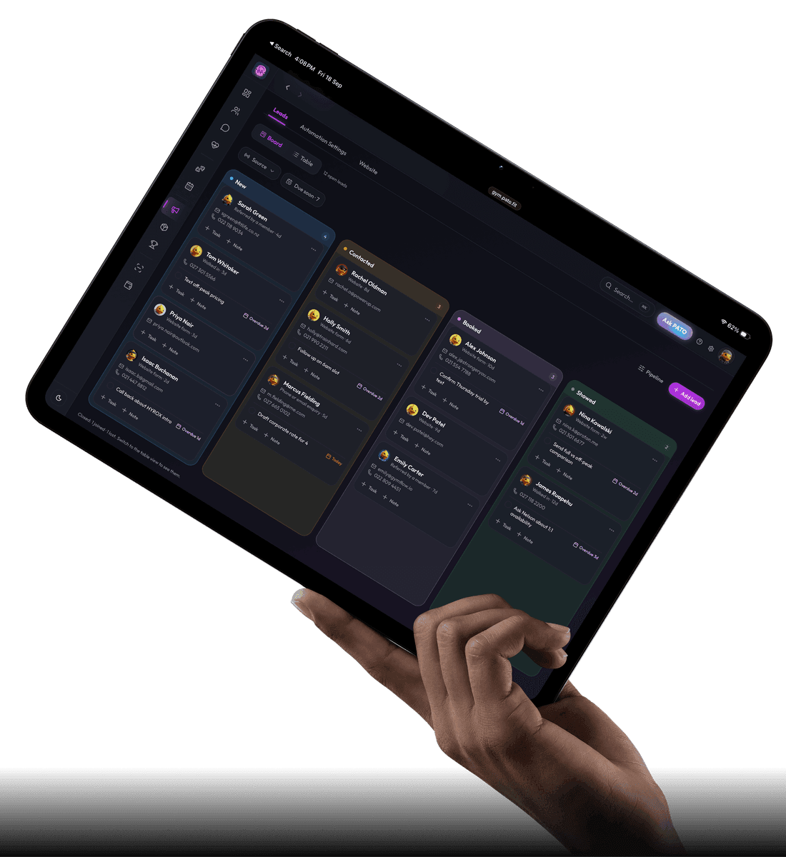 The PATO lead board on a tablet: cards moving across New, Contacted, Booked and Showed