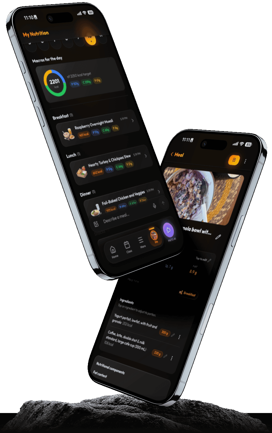 The PATO member app's nutrition tracker: a day's macros and logged meals, and a meal detail screen with ingredients broken out