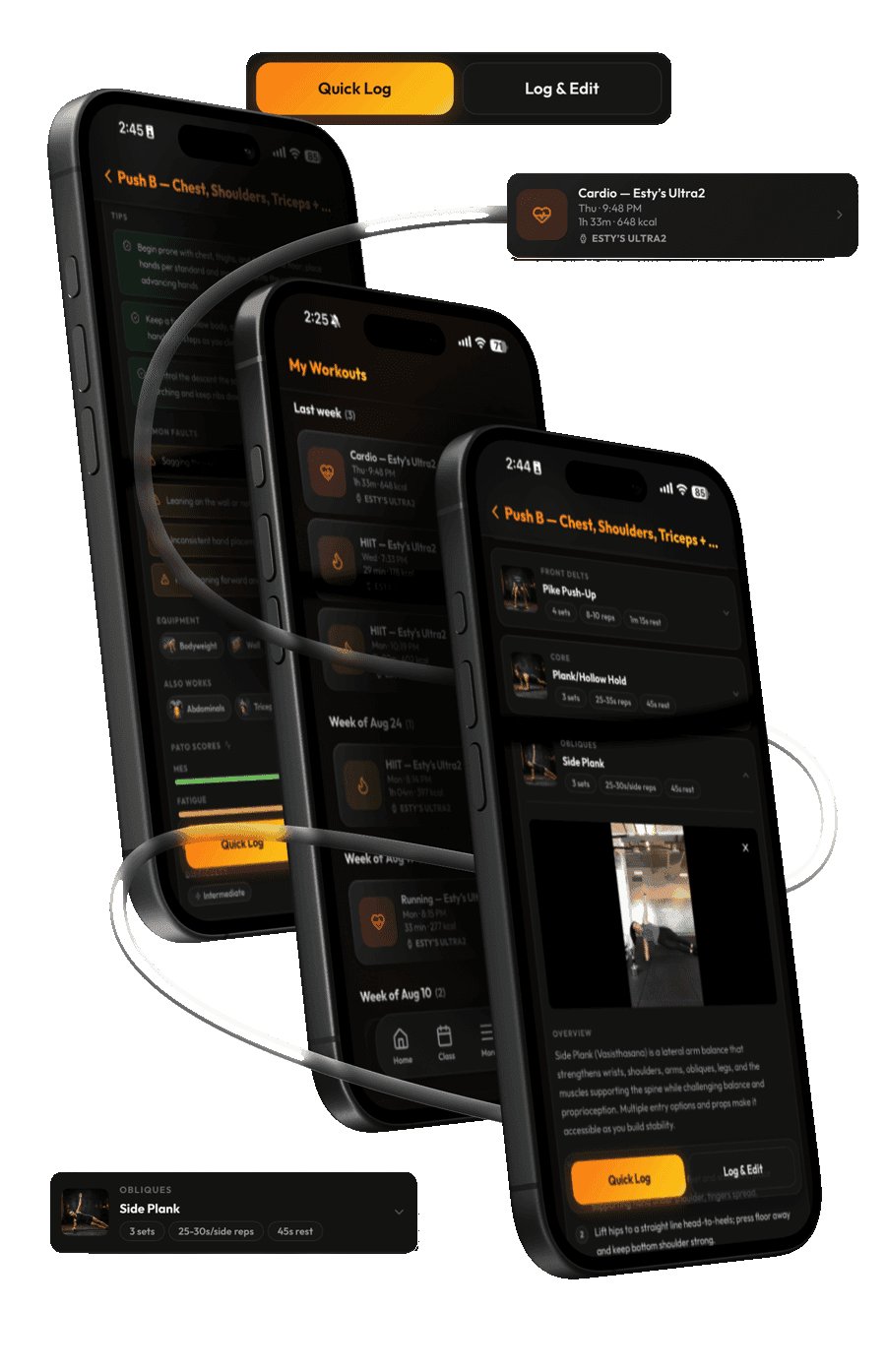 The PATO member app's workout tracker: session plans, a workout log, and a movement detail screen with cues and a form video