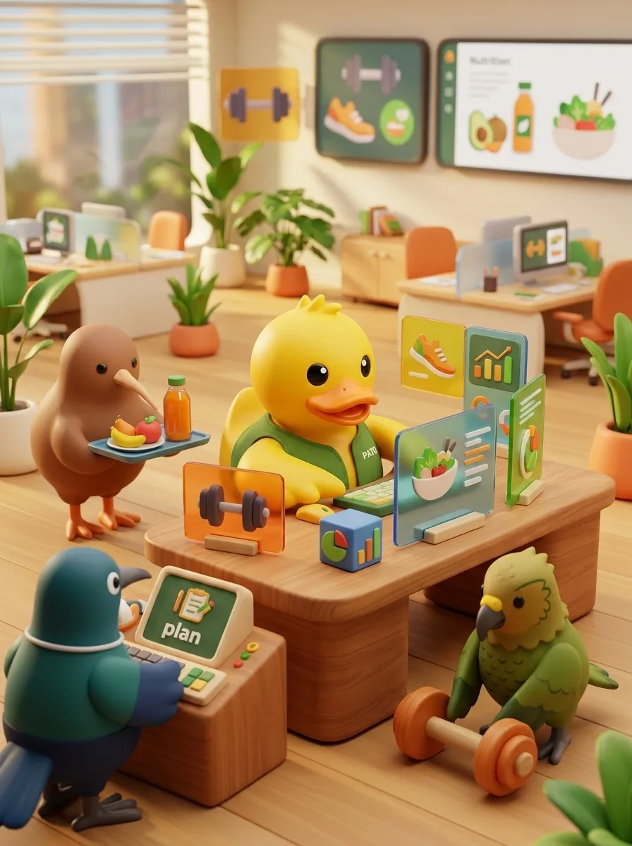 PATO at a desk working as an AI agent, surrounded by floating training and nutrition panels, with a kiwi bringing a tray of food and other native birds working nearby