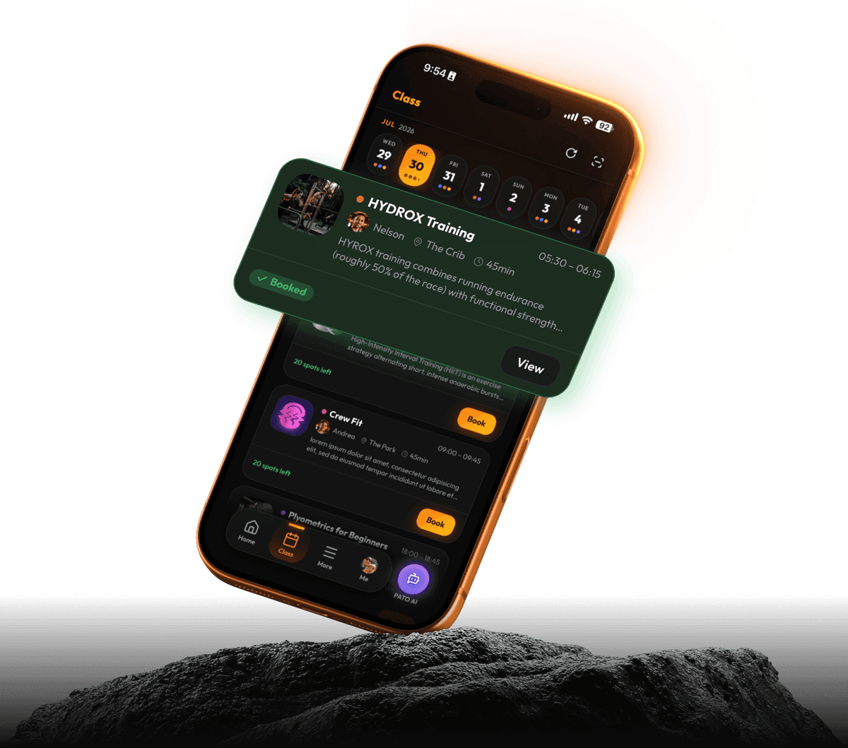 A member booking a class in the PATO app, with a session confirmed as booked