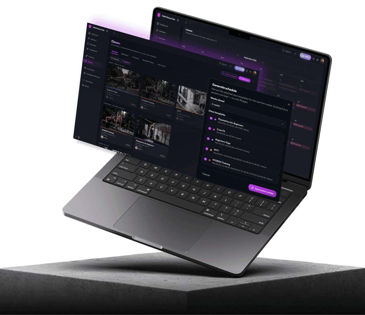 The PATO classes calendar on a laptop, showing a month of sessions and the schedule generator
